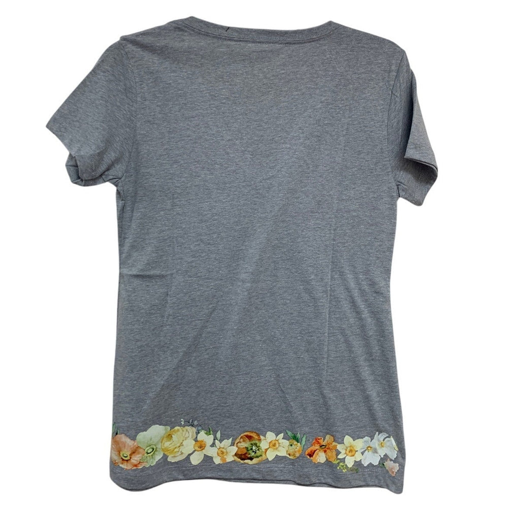 New Hand Printed Medium Heathered Gray Floral Wrap Around Short Sleeve Tee Shirt