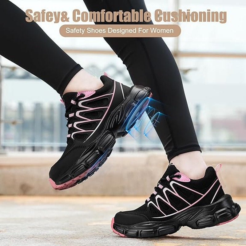 Umburlly Womens 5.5 Black Pink Steel Toe Lace Up Non Slip Composite Work Shoes