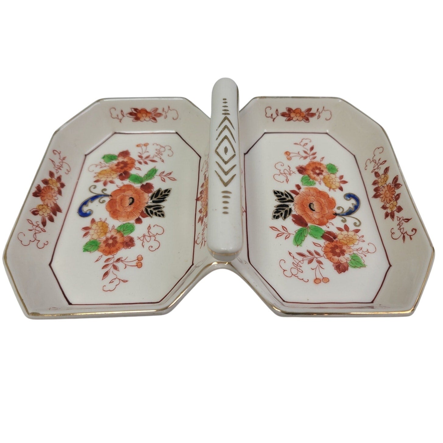 Vintage Made In Japan Floral Fine China Hand Painted Divided Plate Dish w Handle