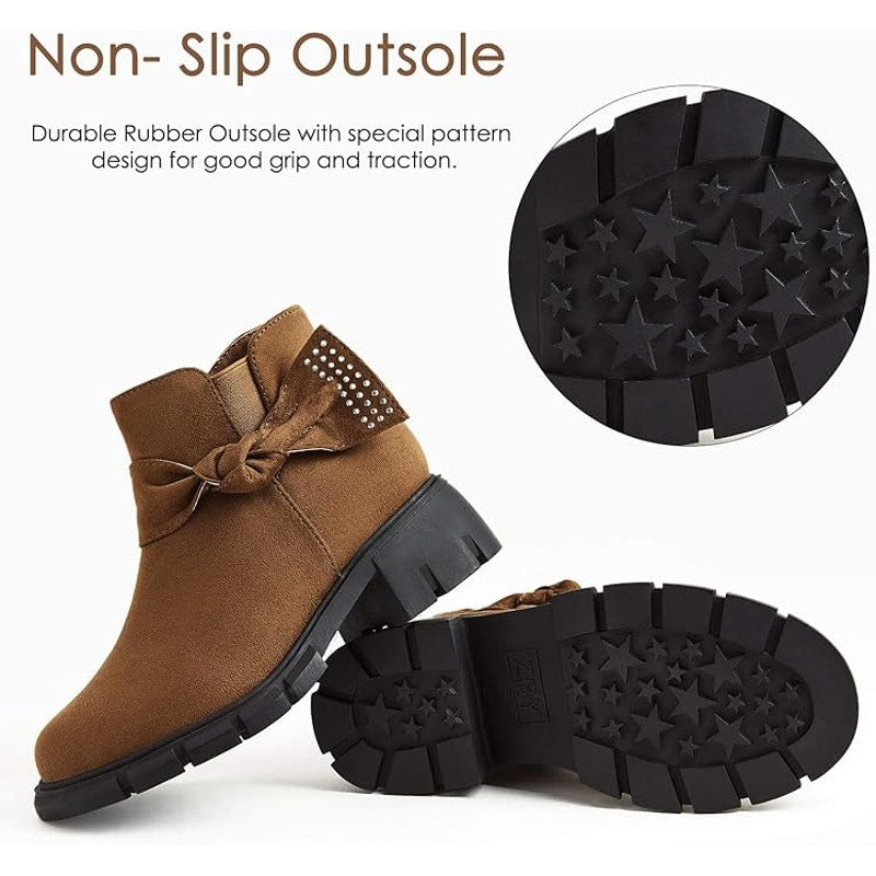 Coutgo Girls Size 10 Brown Faux Suede Side Zip Low Block Heel Bow Ankle Boots