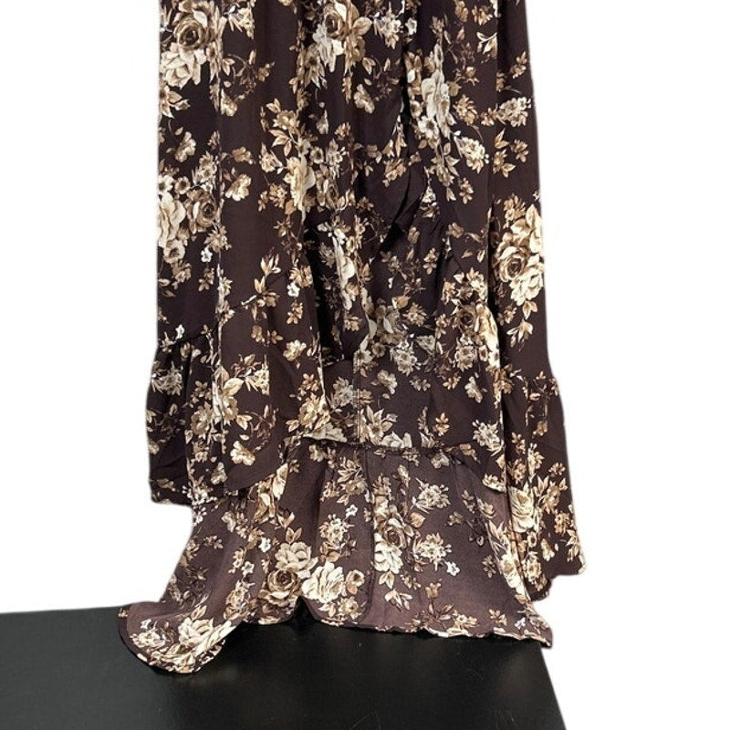 New Francescas Womens XS Brown Tan Floral Hi Low Smocked Boho Cottage Dress