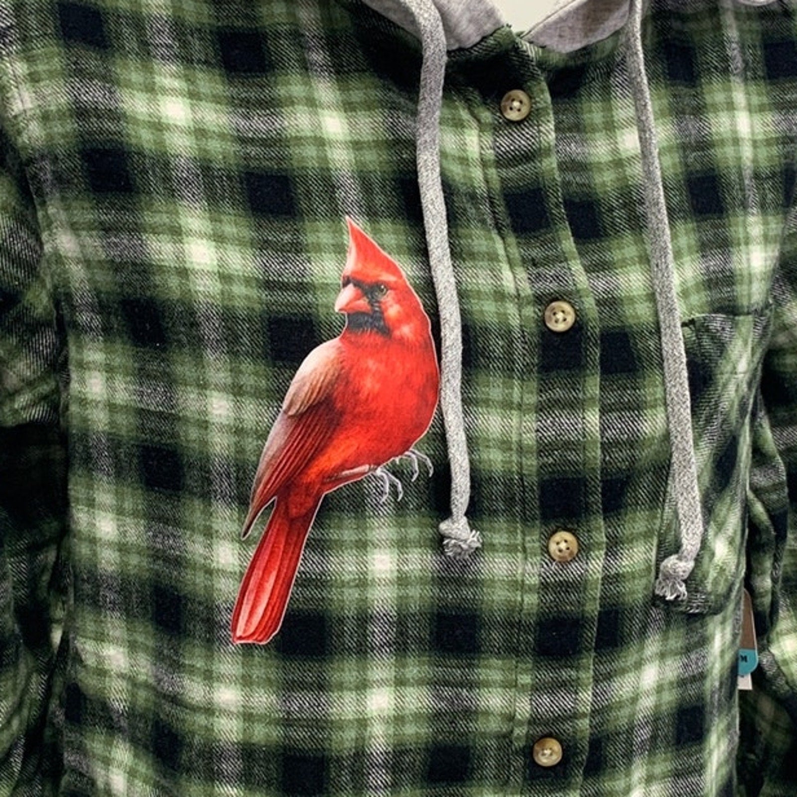 New Hand Printed Womens Small Red Cardinal Bird Plaid Flannel Long Sleeve Hoodie