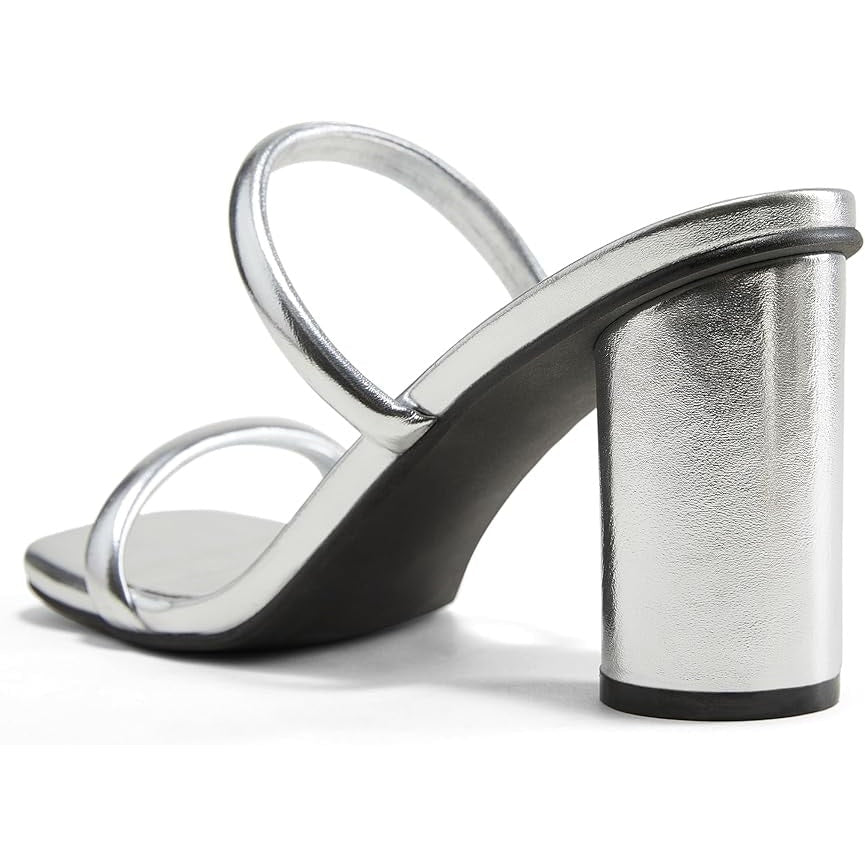Arromic Womens Size 10 Silver 3.5" Chunky Heel Square Open Toe Slip On Shoes