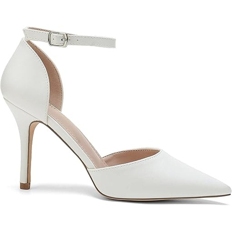 Odisen Womens Size 6 White Faux Leather 3.5" Heel Closed Toe Ankle Strap Shoes