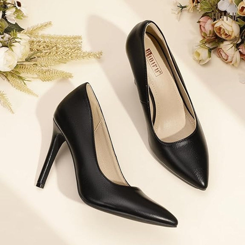 IDIFU Womens Size 8 Black Faux Leather 4" Heel Slide On Pointy Closed Toe Shoes