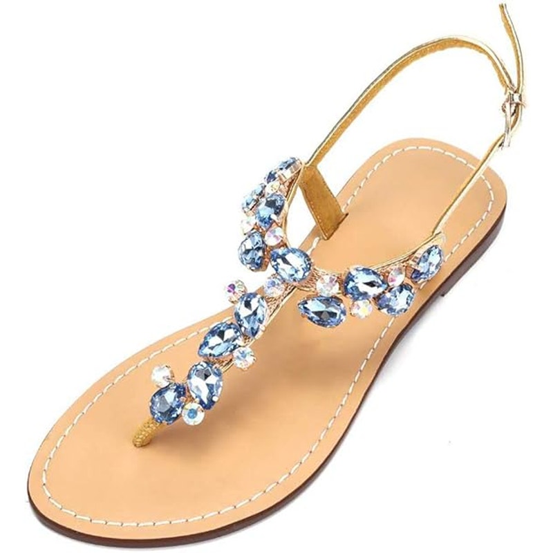 Aijivou Womens Size 8.5 Blue Rhinestone Sandals Flip Flop Open Round Toe Shoes