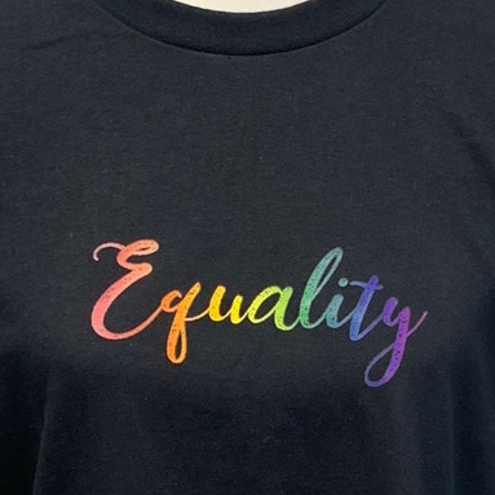 Hand Printed Unisex Large Equality Rainbow Pride Cotton Crew Short Sleeve Tee