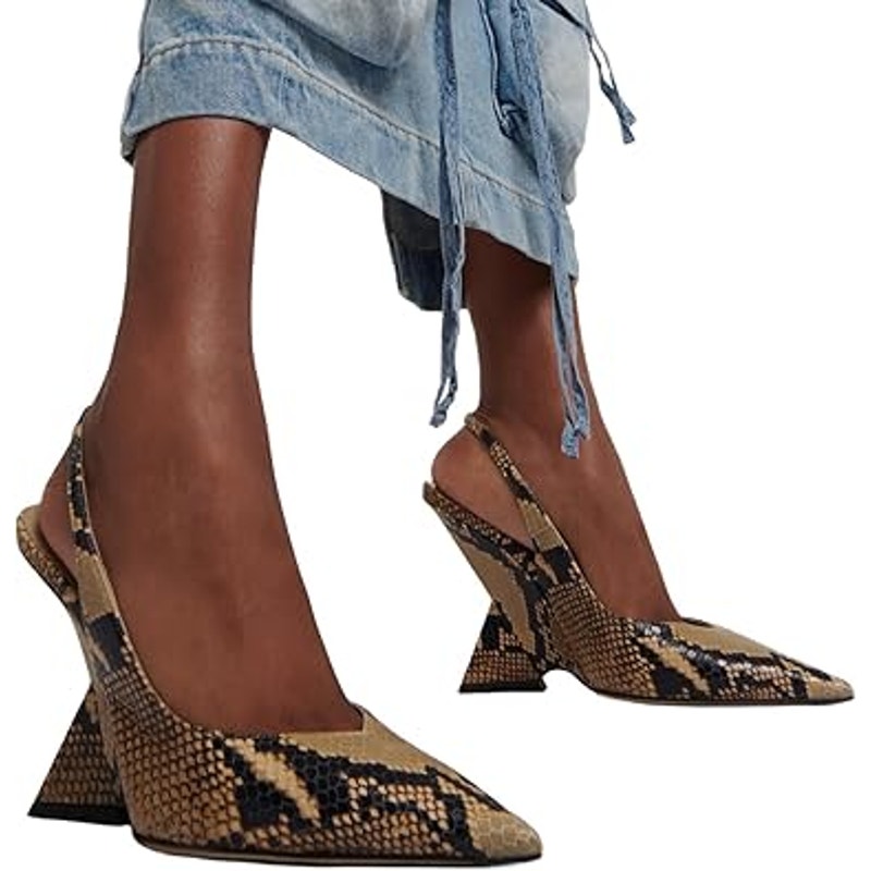 New Caglglz Womens Size 10 Gold Black Faux Snake 4.5" Wedge Heel Slingback Shoes