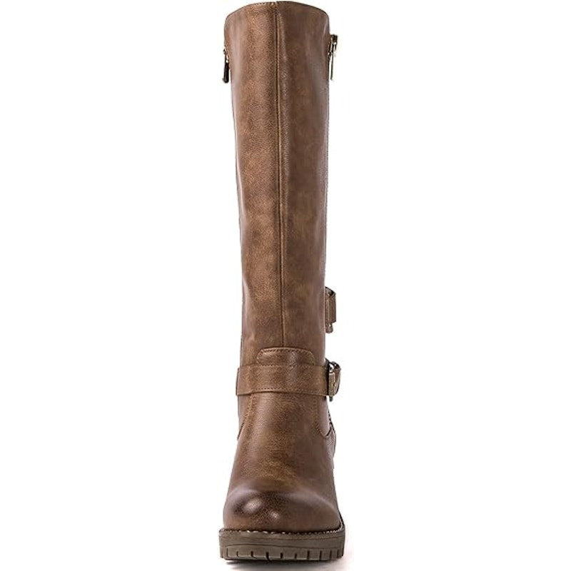 New Global Win Women Size 6.5 Brown Faux Leather Knee High Chunky Low Heel Boots