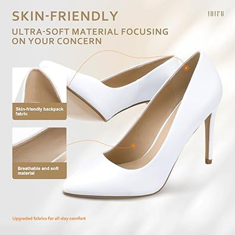 Idifu Womens 7 White 4" Stiletto Heel Pumps Slide On Closed Pointed Toe Shoes