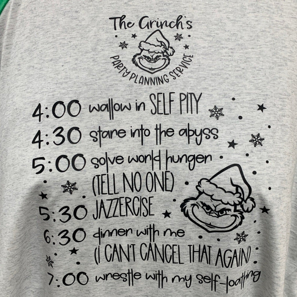New Hand Printed Womens XL The Grinch's Party Planning Service Long Sleeve Tee