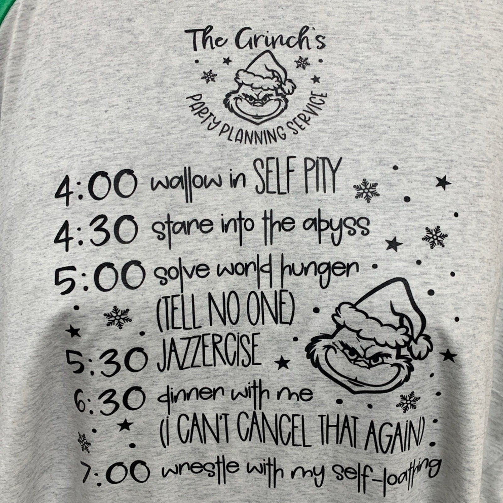 New Hand Printed Womens XL The Grinch's Party Planning Service Long Sleeve Tee