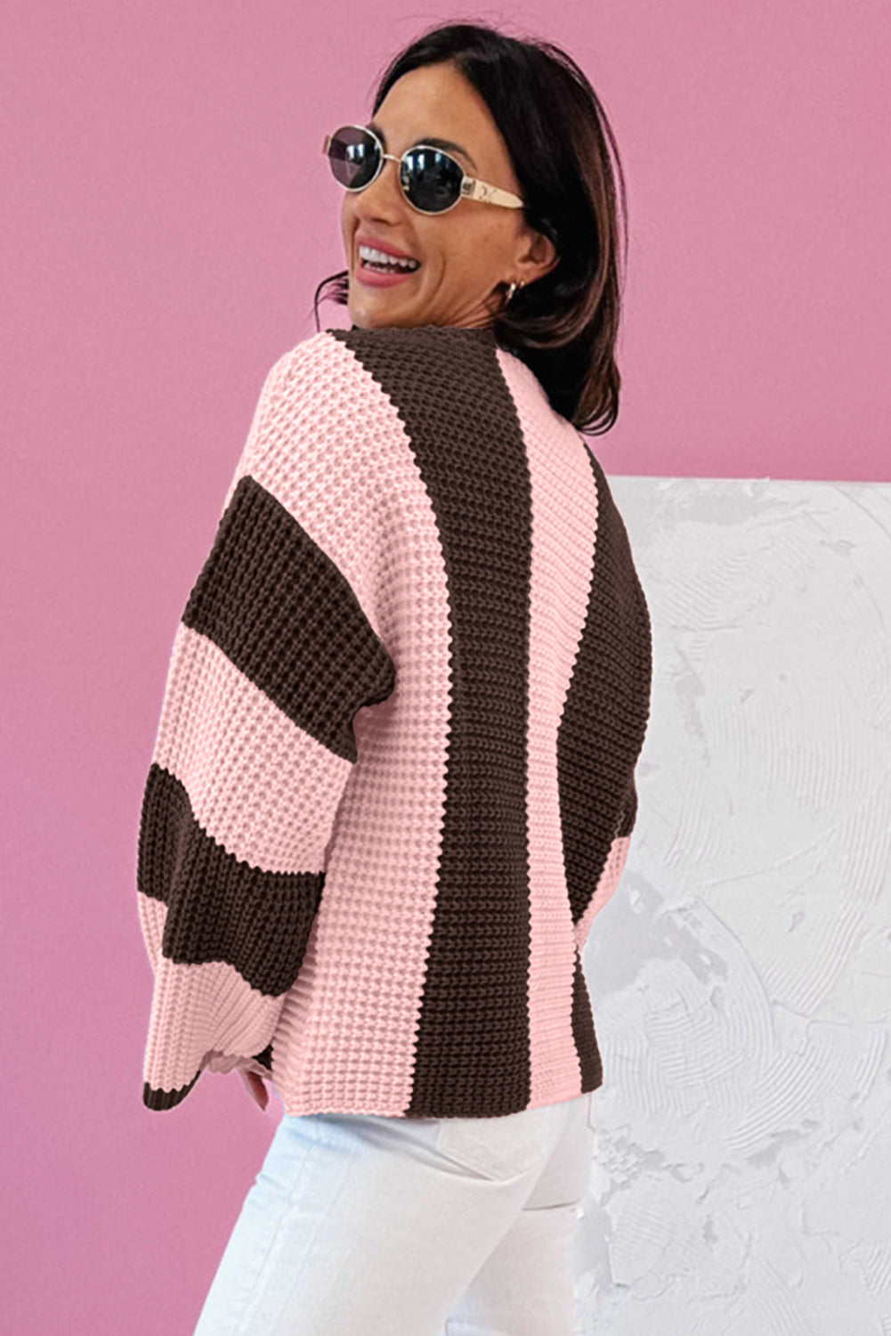 Stripe Colorblock Thermal Textured Knit Drop Shoulder Sweater