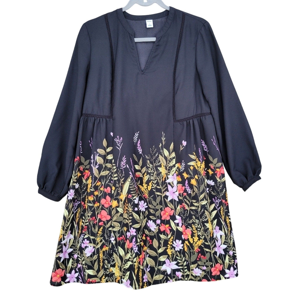 Old Navy Womens Small Black Floral Long Sleeve V Neck Sheer Shift Dress w Slip