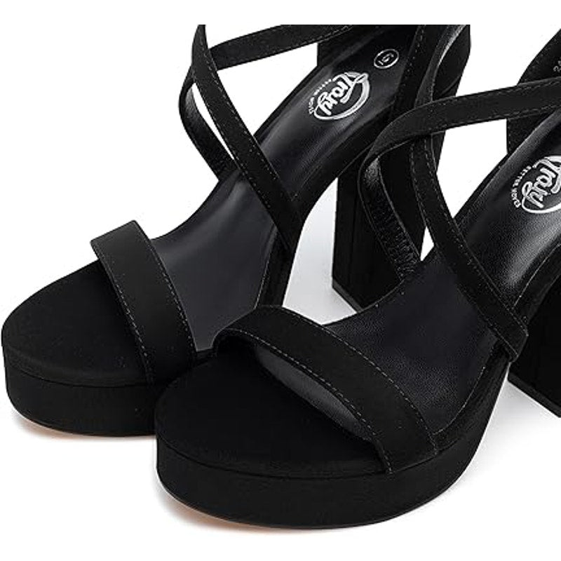 Trary Women Size 7.5 Black Faux Suede 4.5" Block Heel Open Toe Ankle Strap Shoes