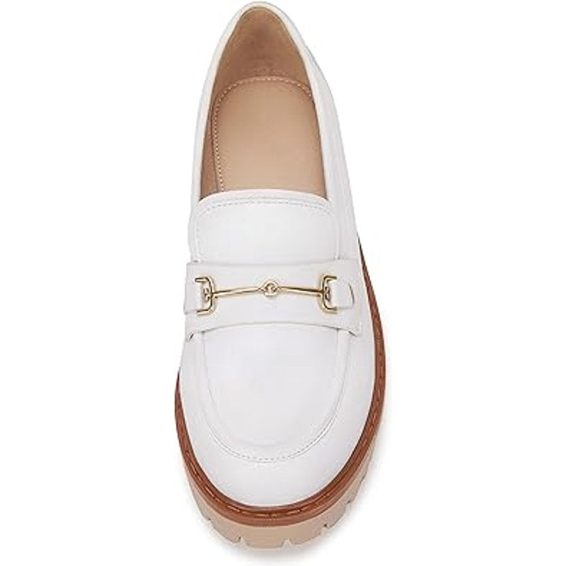 Vetaste Womens Size 8 White Faux Leather Platform Chunky Heel Loafers Shoes