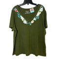 Upcycled Hand Printed Womens Size 1X Floral V Neck Short Sleeve Olive Tee Shirt
