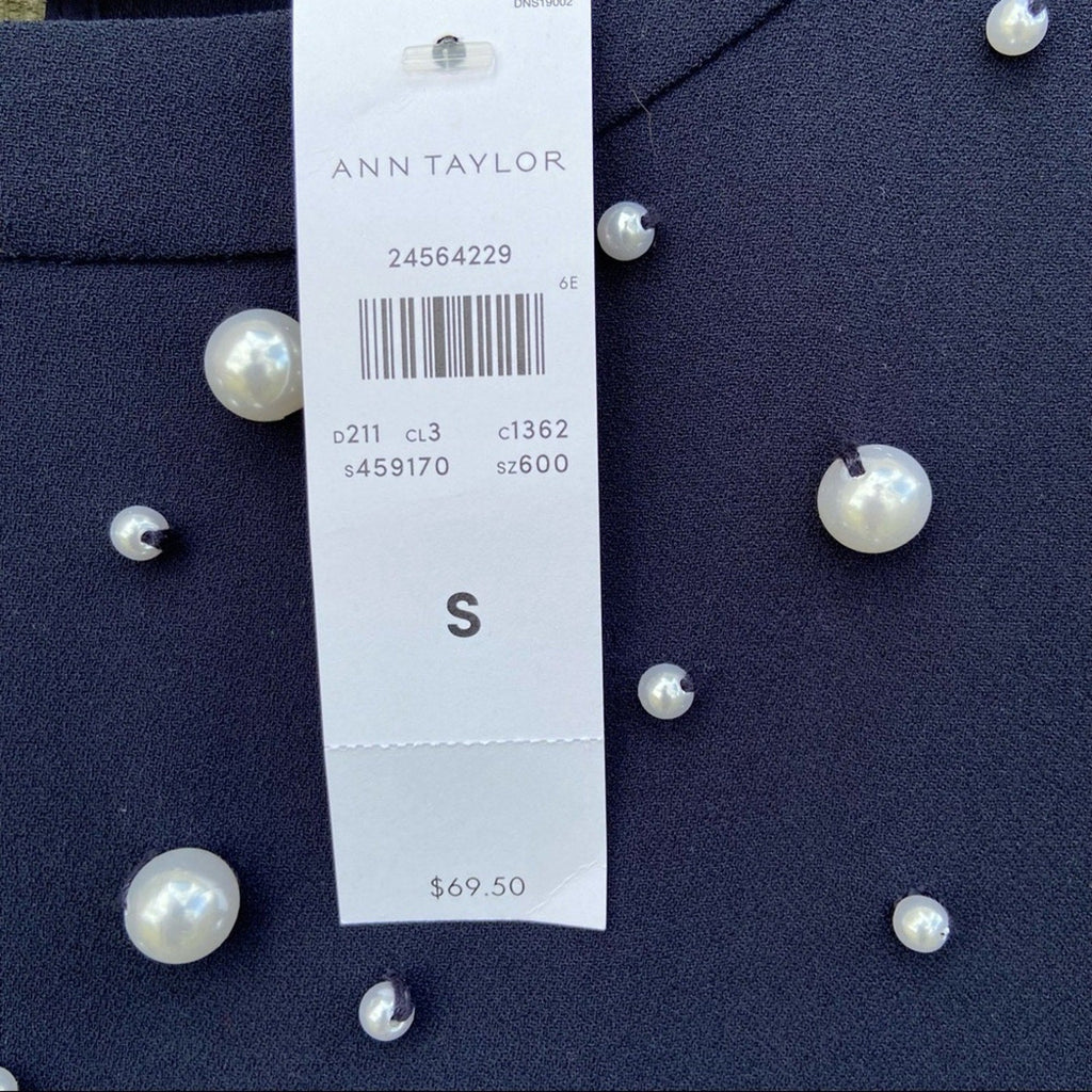 NWT New Ann Taylor Womens Small Navy Blue Faux Pearl Accent Short Sleeve Blouse