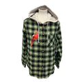 New Hand Printed Women XL Red Cardinal Bird Plaid Flannel Long Sleeve Hoodie