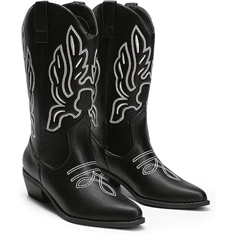 Dream Pairs Womens Size 6.5 Black Faux Leather 2" Heel Cowboy Western Boots