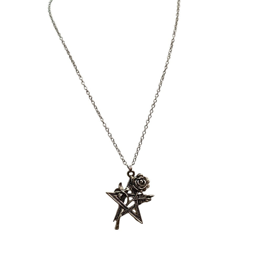 Vintage Five Point Silver Toned Filigree Star Rose Pendant 20" Chain Necklace