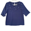 NWT New Ann Taylor Womens Small Navy Blue Faux Pearl Accent Short Sleeve Blouse