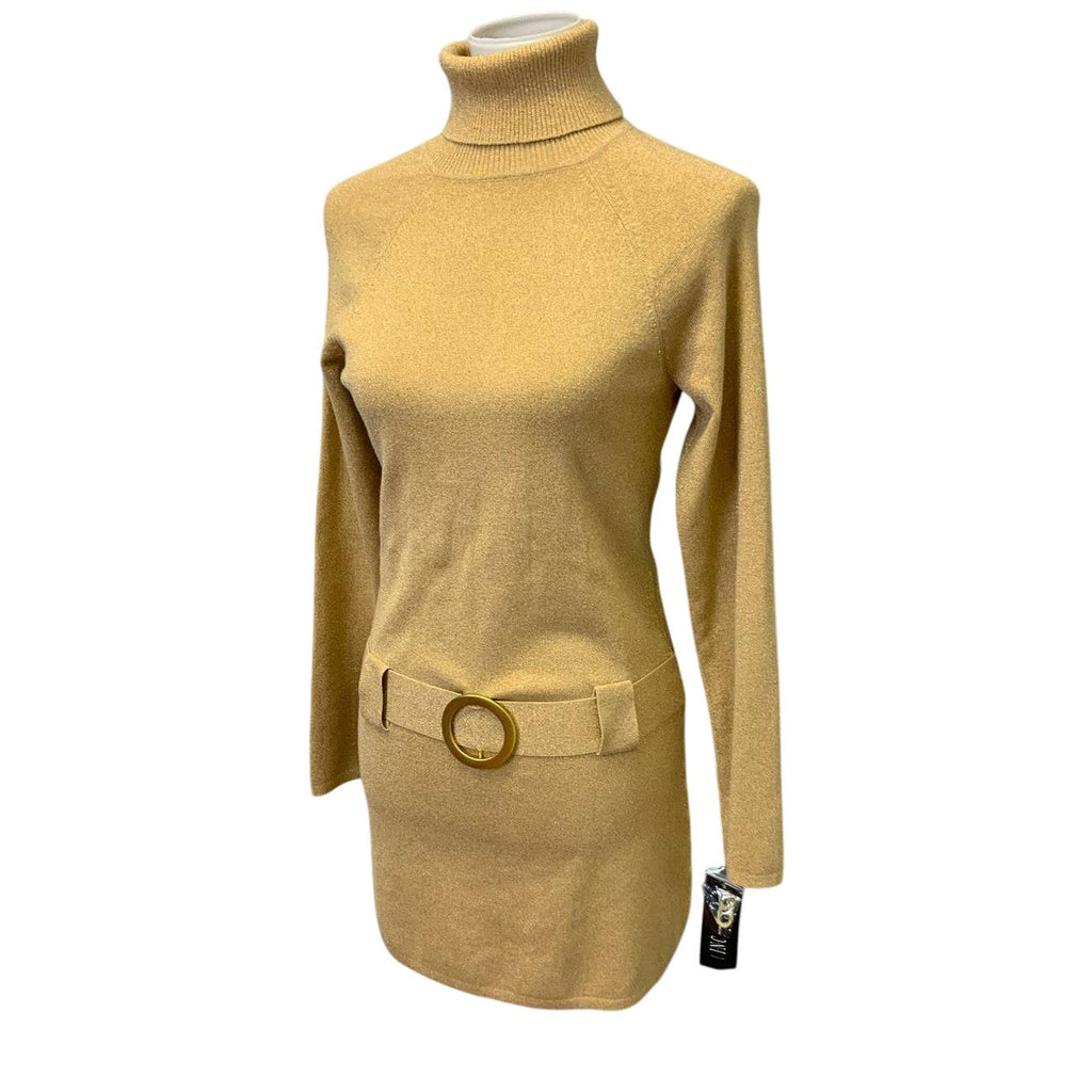 New NWT INC Large Gold Metallic Long Sleeve Turtleneck Low Belt Sweater Dress