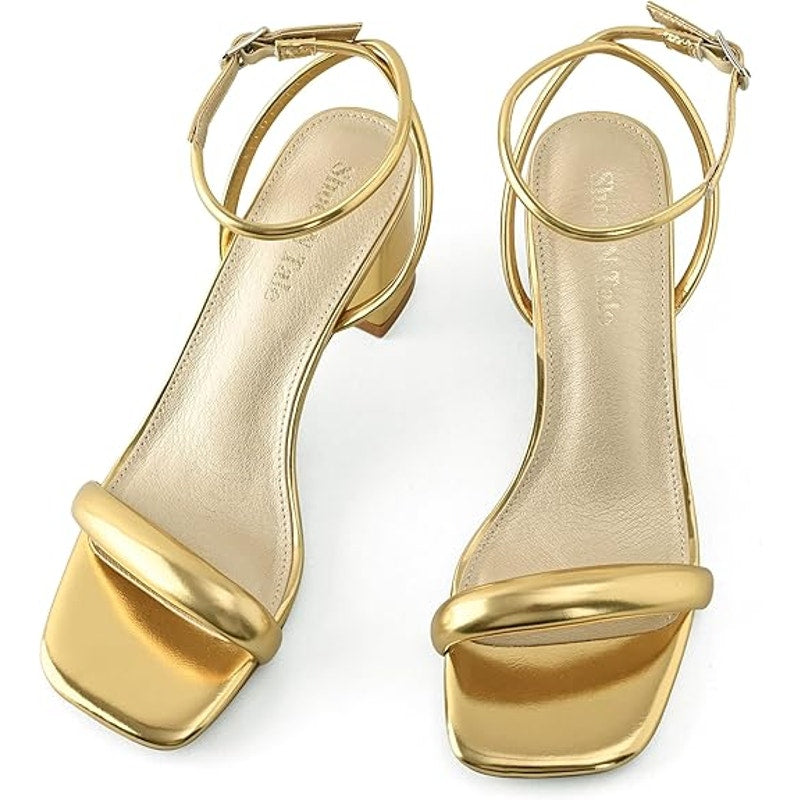 Shoe N Tale Womens Size 6 Gold 2.5" Heels Open Square Toe Ankle Strap Heels
