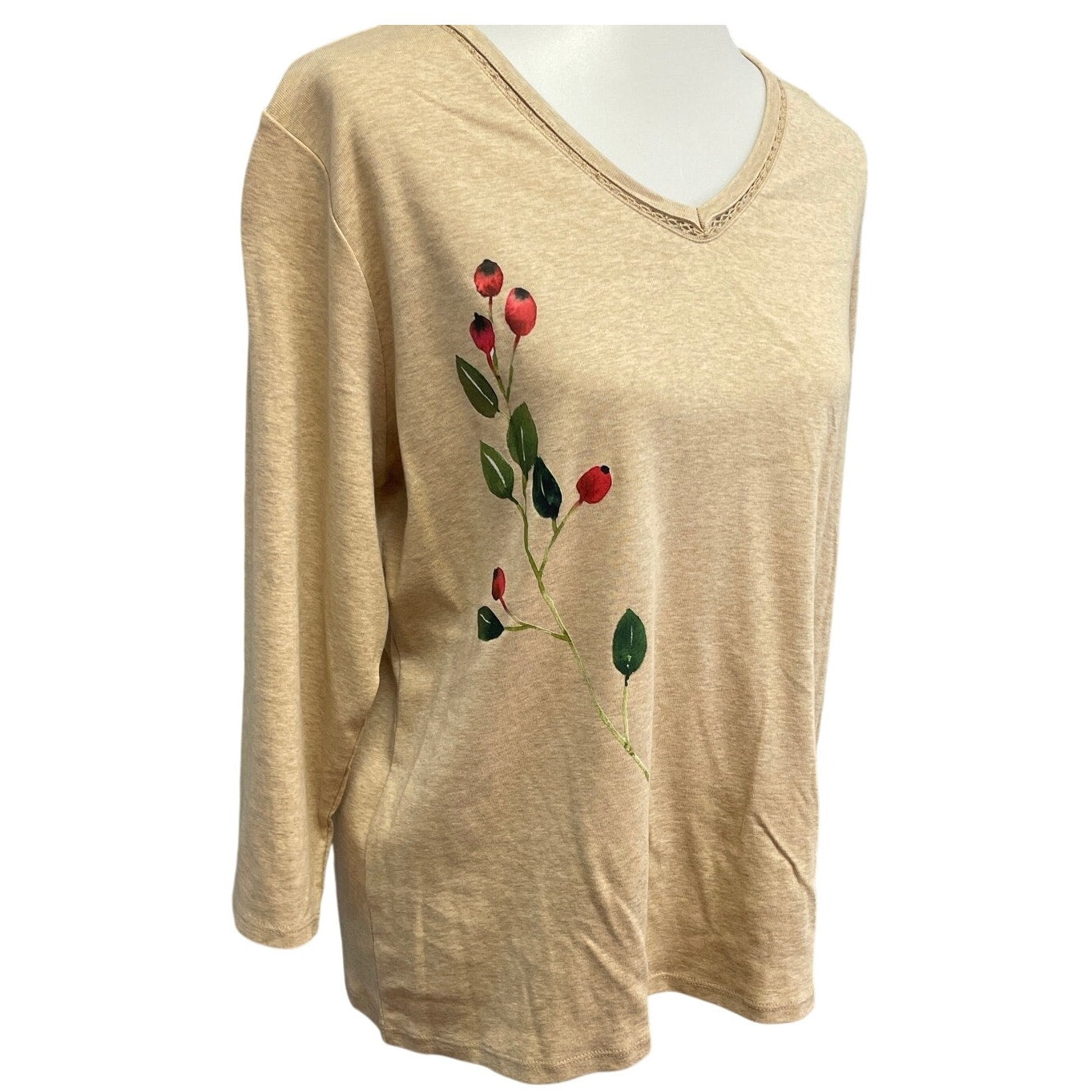 Hand Printed Upcycled Womens Size 1X Cottage Core Berry Long Sleeve Tee Shirt