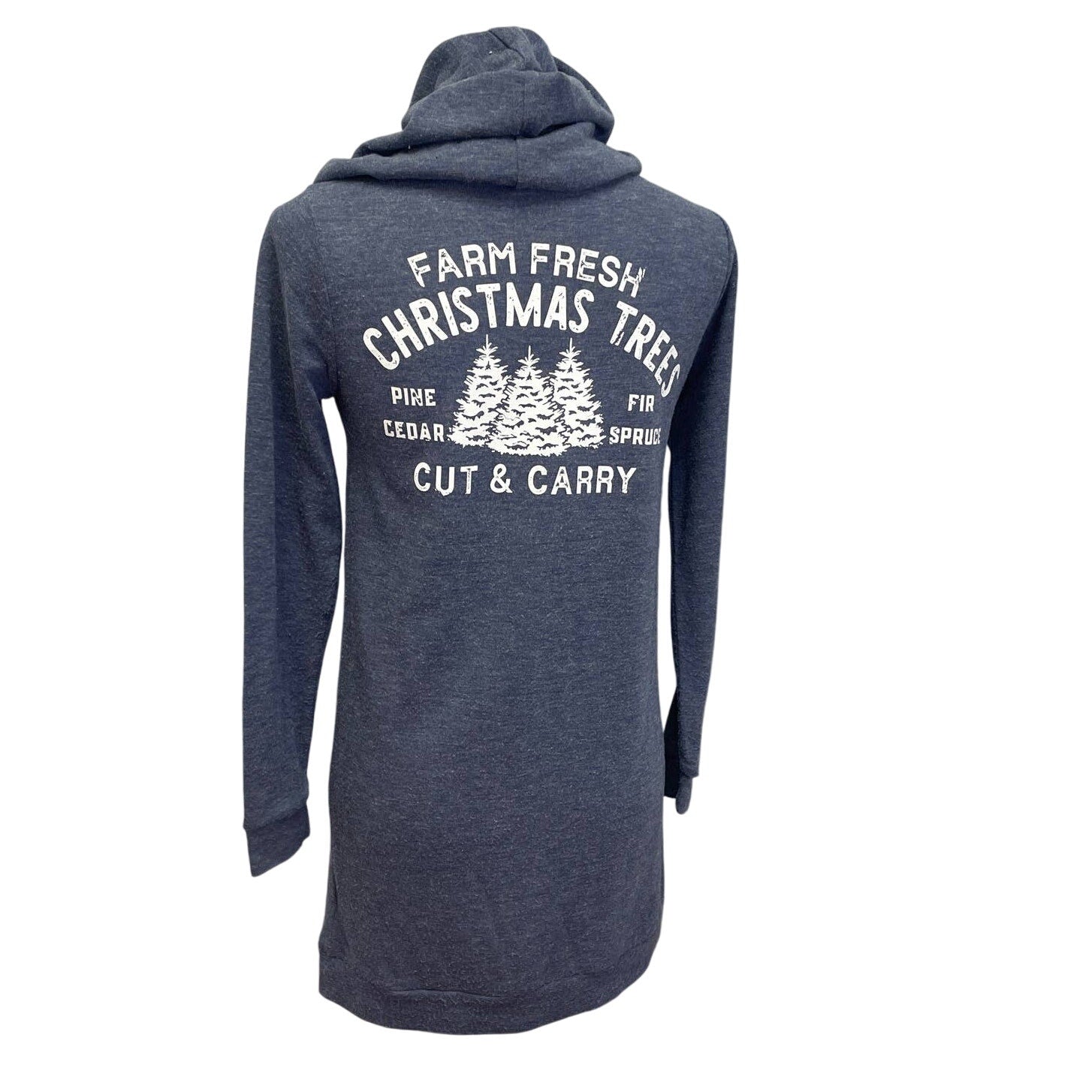 Upcycled Hand Printed Womens Small Farm Christmas Tree Farm 1/4 Zip Long Hoodie