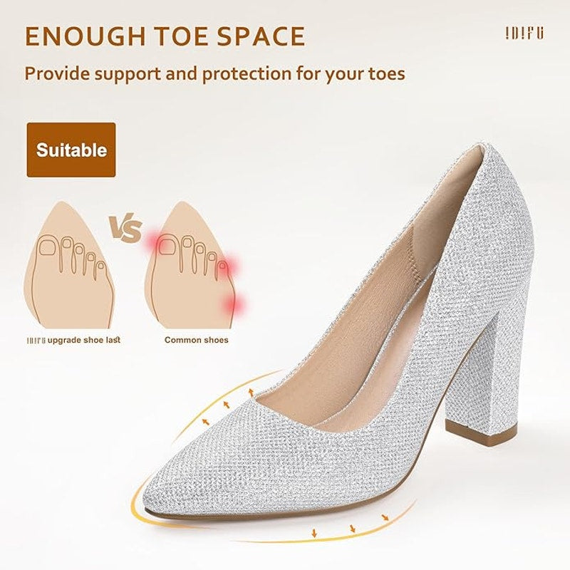 IDIFU Womens Size 6.5 Silver Glitter 4" Chunky Heel Pointed Closed Toe Shoes