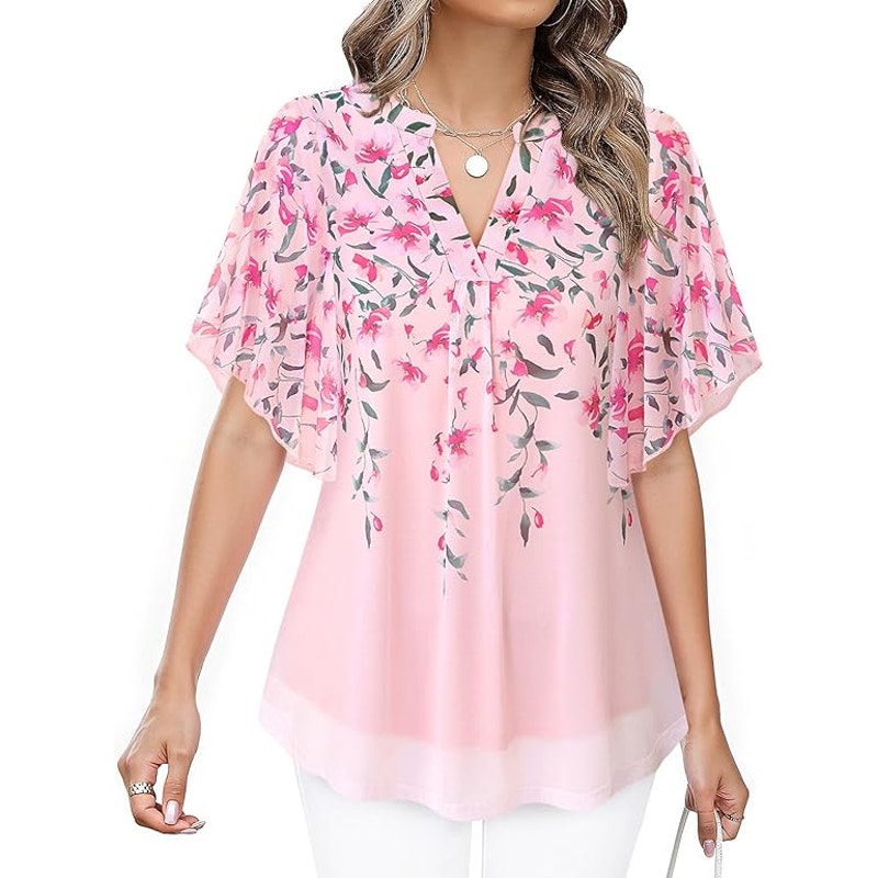 NWT New Timeson Womens Large Floral Flowy Short Sleeve V Neck Layered Blouse