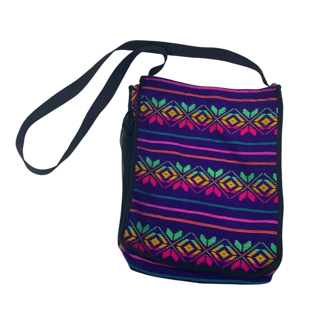 Neon Rainbow Mexican Floral Stripe Woven Side Pocket Fabric Reusable Tote Bag