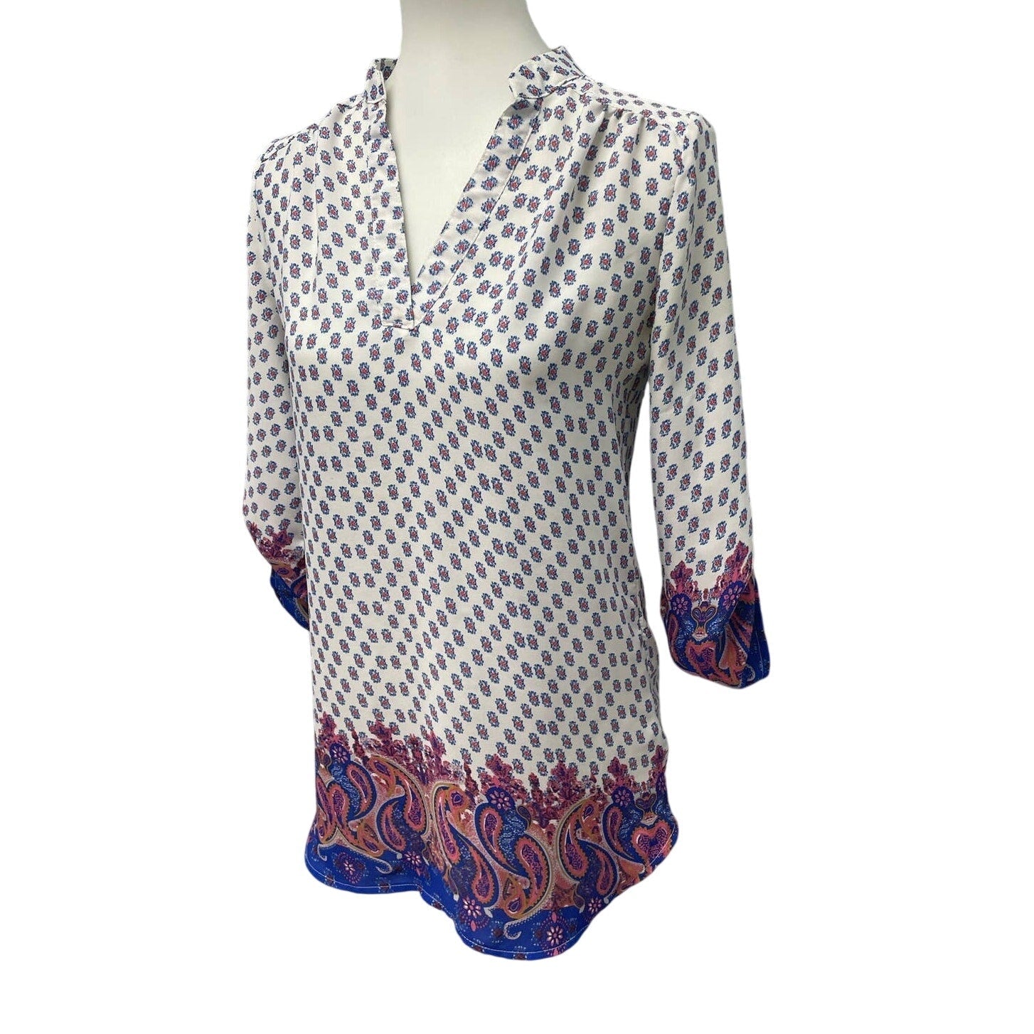 Wishful Park Small Red Blue White Floral Polka Dot Hi Low 1/2 Button Blouse Top