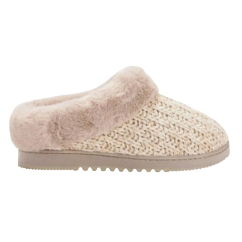 New In Box Dearfoams Women Medium 7/8 Tan Faux Fur Lined Knit Slide On Slippers