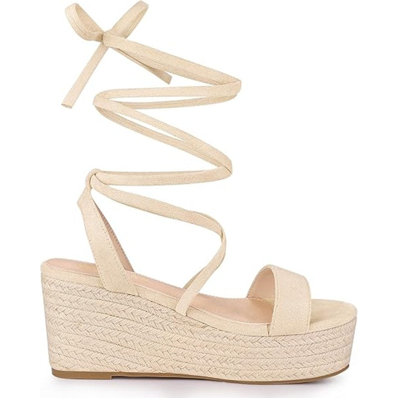 Allegra K Women Size 7 Tan 3" Heel Esoadrille LaceUp Wedge Platform Sandal Shoes
