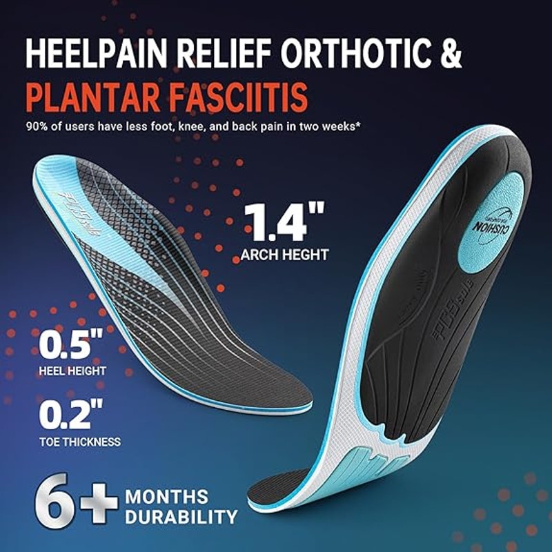 PCSsole Mens 6-6.5 220+lbs High Arch Orthotic Plantar Fasciitis Insoles