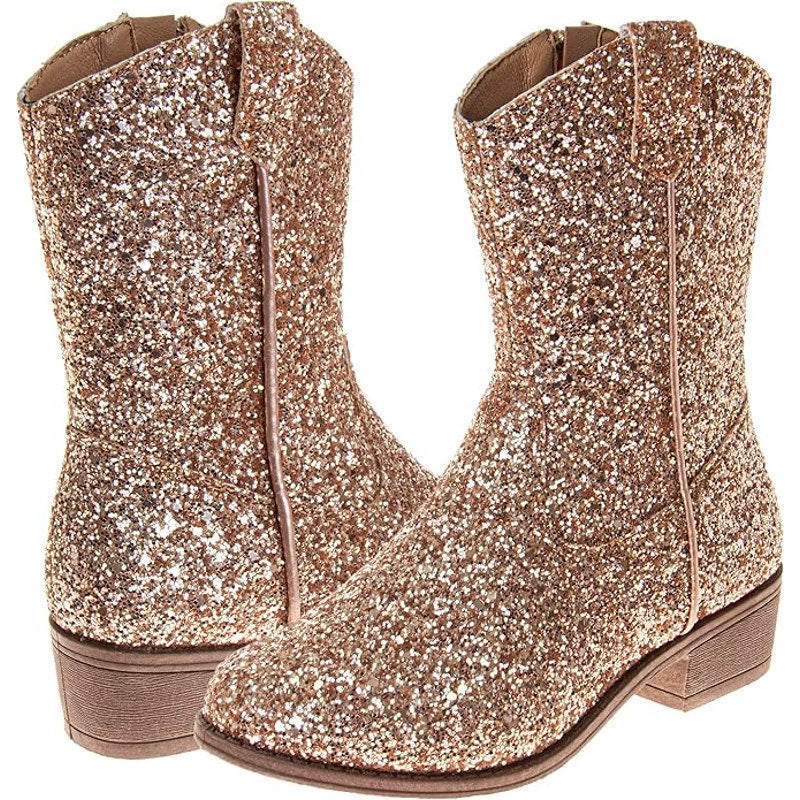 New Josmo Girls Size 2 Gold Glitter Low Heel Size Zip Cowboy Western Boots