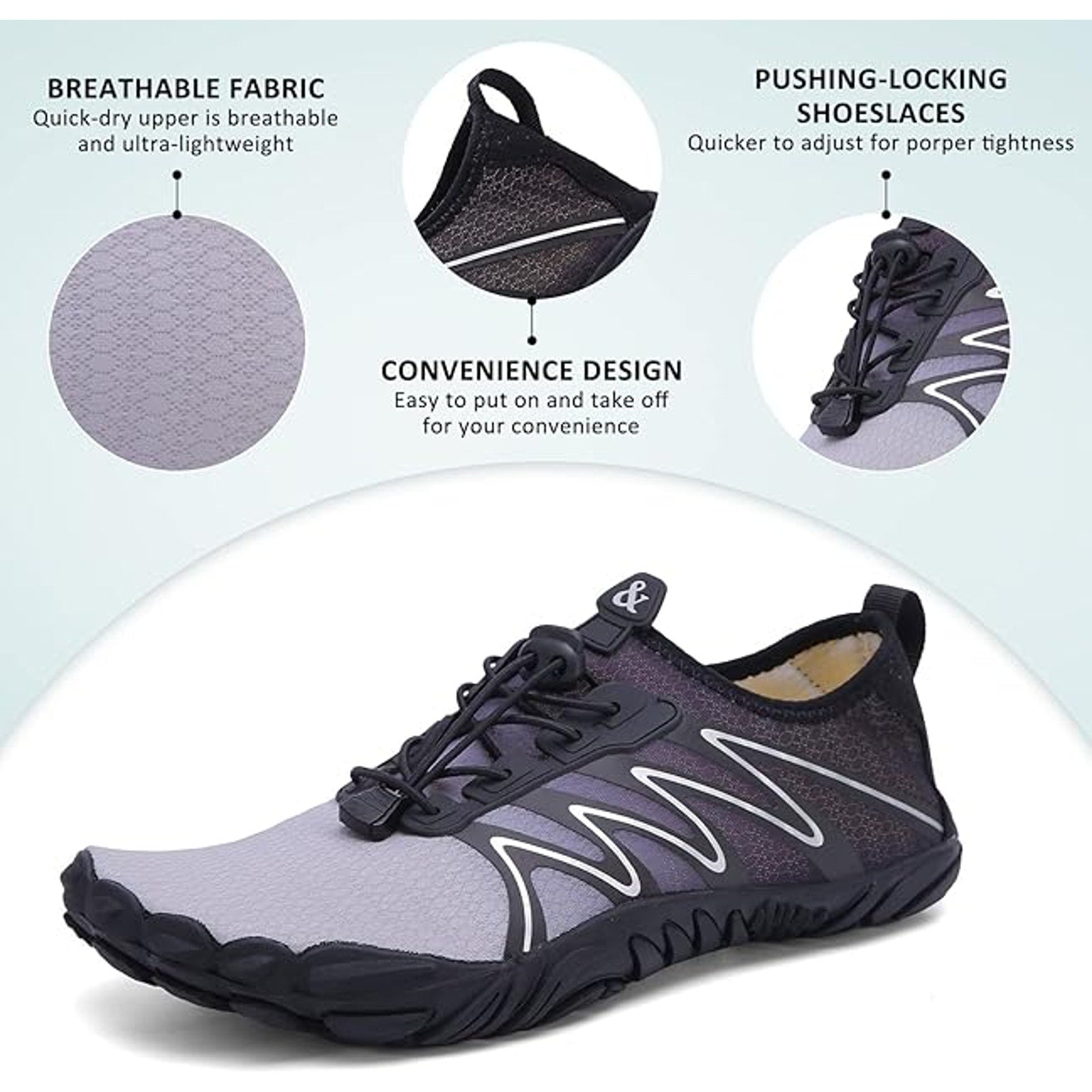 Ziitop Womens Size 8 Gray Black Elastic Lace Up Adjustable Non Slip Water Shoes