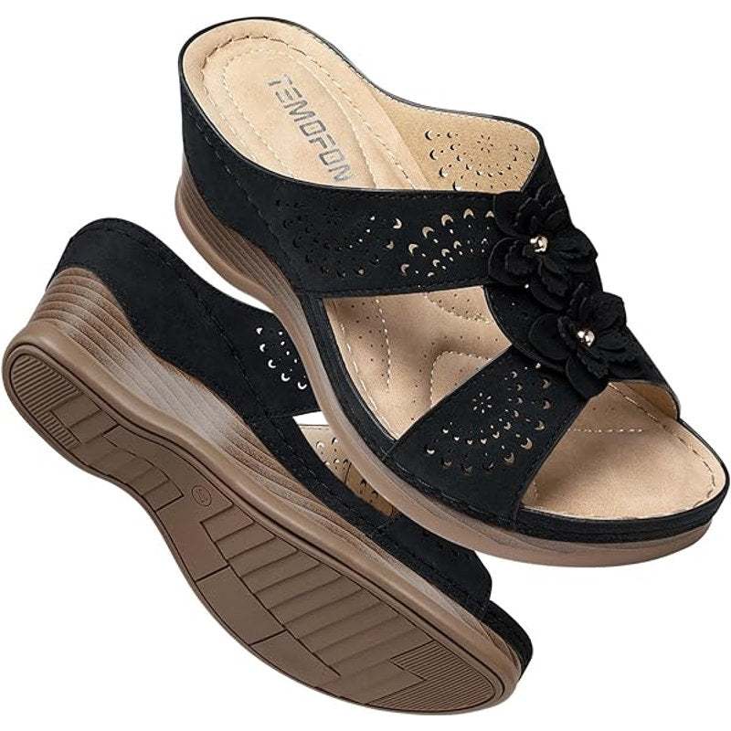 Temofon Womens Size 10.5 Black Faux Leather Slide On Flower Wedge Sandal Shoes