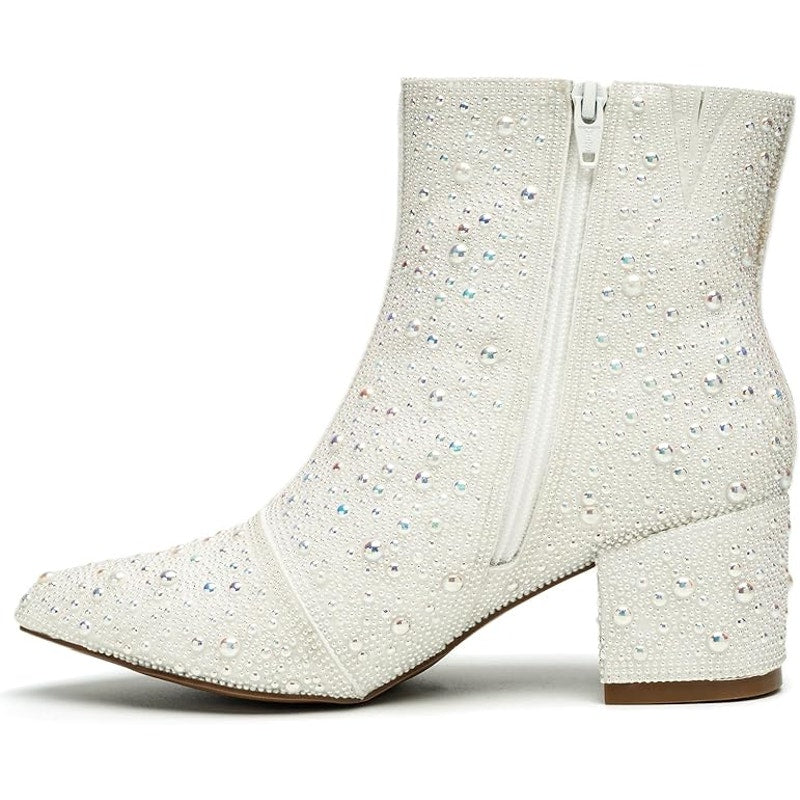 New Yayone Womens 9.5 White Sparkle Pearl Size Zip 2.5"Block Heel Ankle Boots