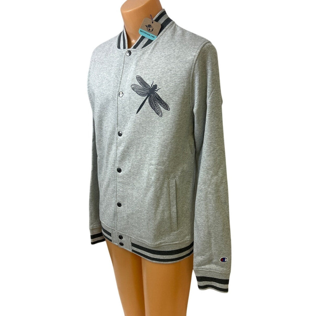 New Champion Unisex Small Gray Snap Up Hand Printed Dragonfly Bomber Jacket