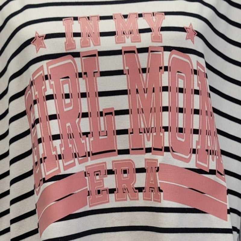 Hand Printed Upcycled Womens XL In My Girl Mom Era Striped Short Sleeve Tee