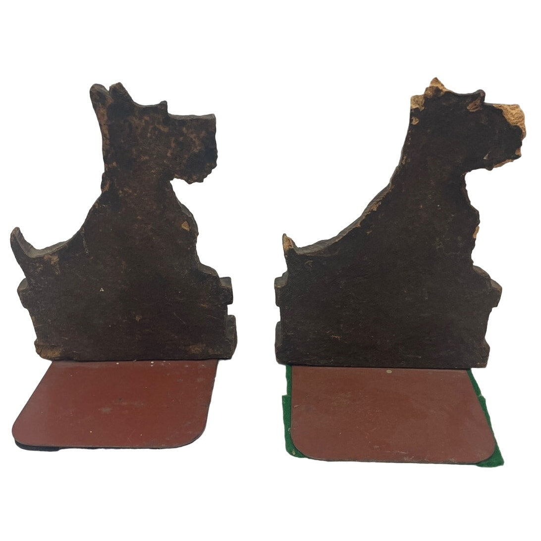 Vintage Hand Carved Wooden Scottie Dog Bookends w Chipped Ear