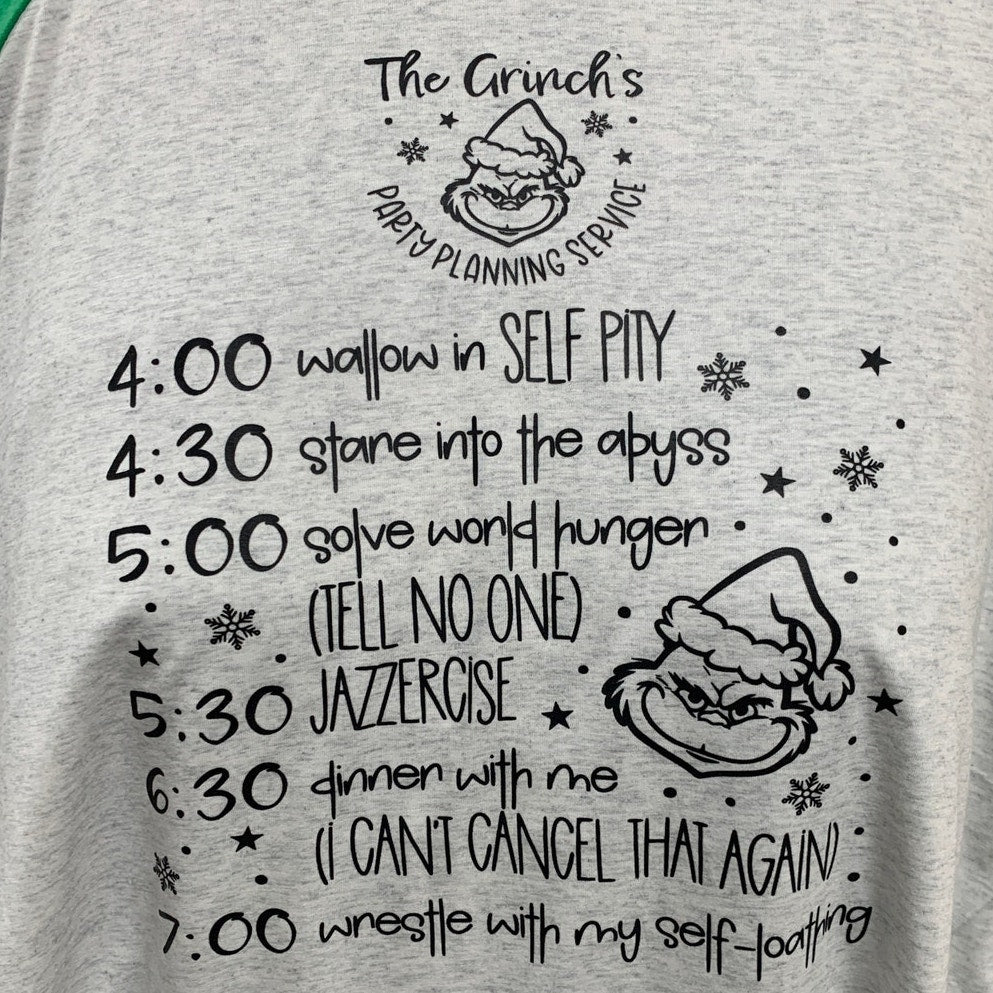 New Hand Printed Womens 3XL The Grinch's Party Planning Service Long Sleeve Tee