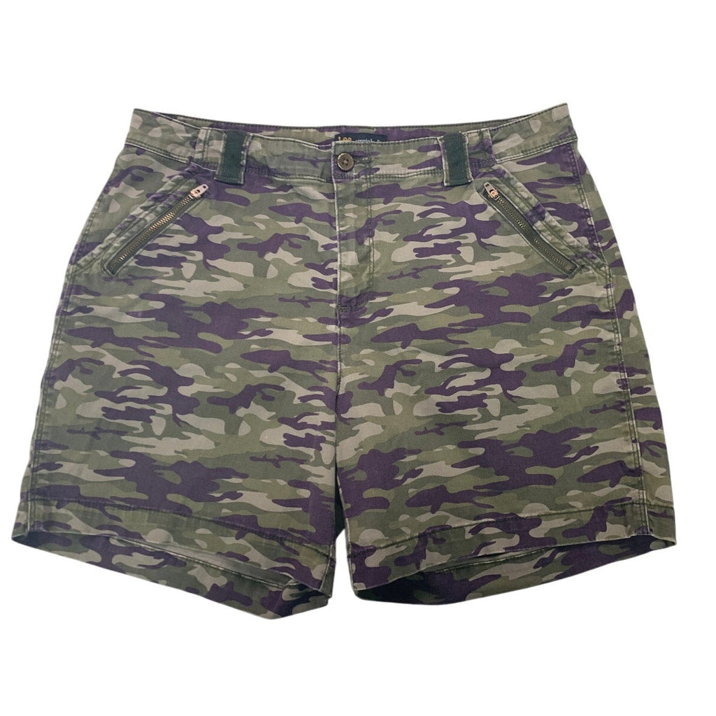 Lee Womens 14 Medium Green Purple Camo Camoflague Straight Fit Shorts w Pockets