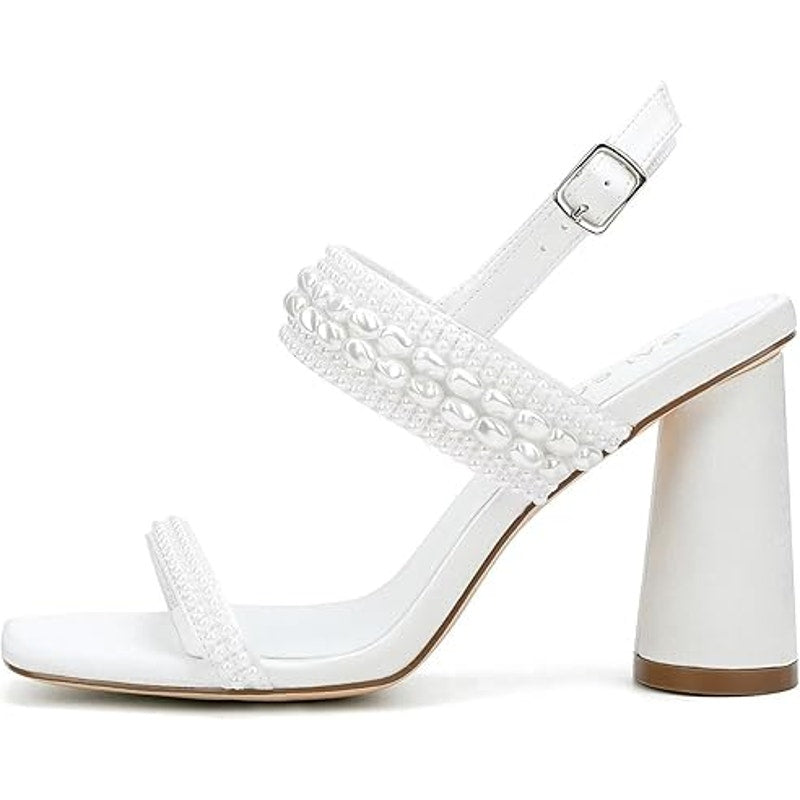 Palscou Womens Size 8.5 White Pearl 3.5" Chunky Heel Open Square Toe Shoes
