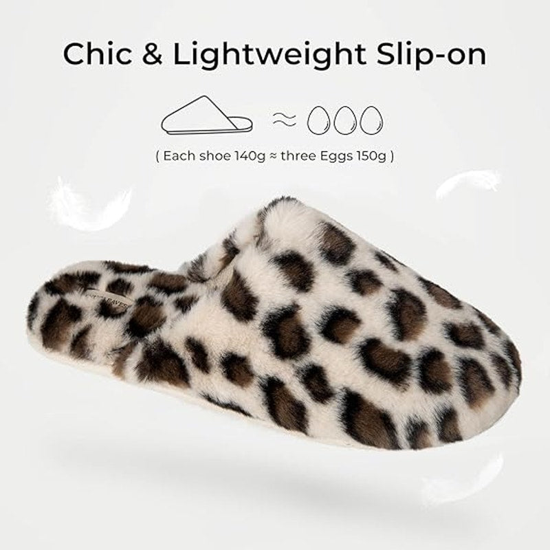 New Snug Leaves Womens 7/8 White Brown Leopard Spot Fuzzy Memory Foam Slippers