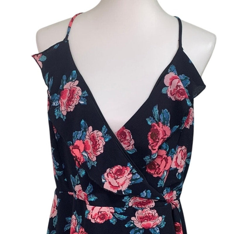 Mi Ami Womens Medium Ruffled Floral Thin Strap Flowy Back Zip Fit n Flare Dress