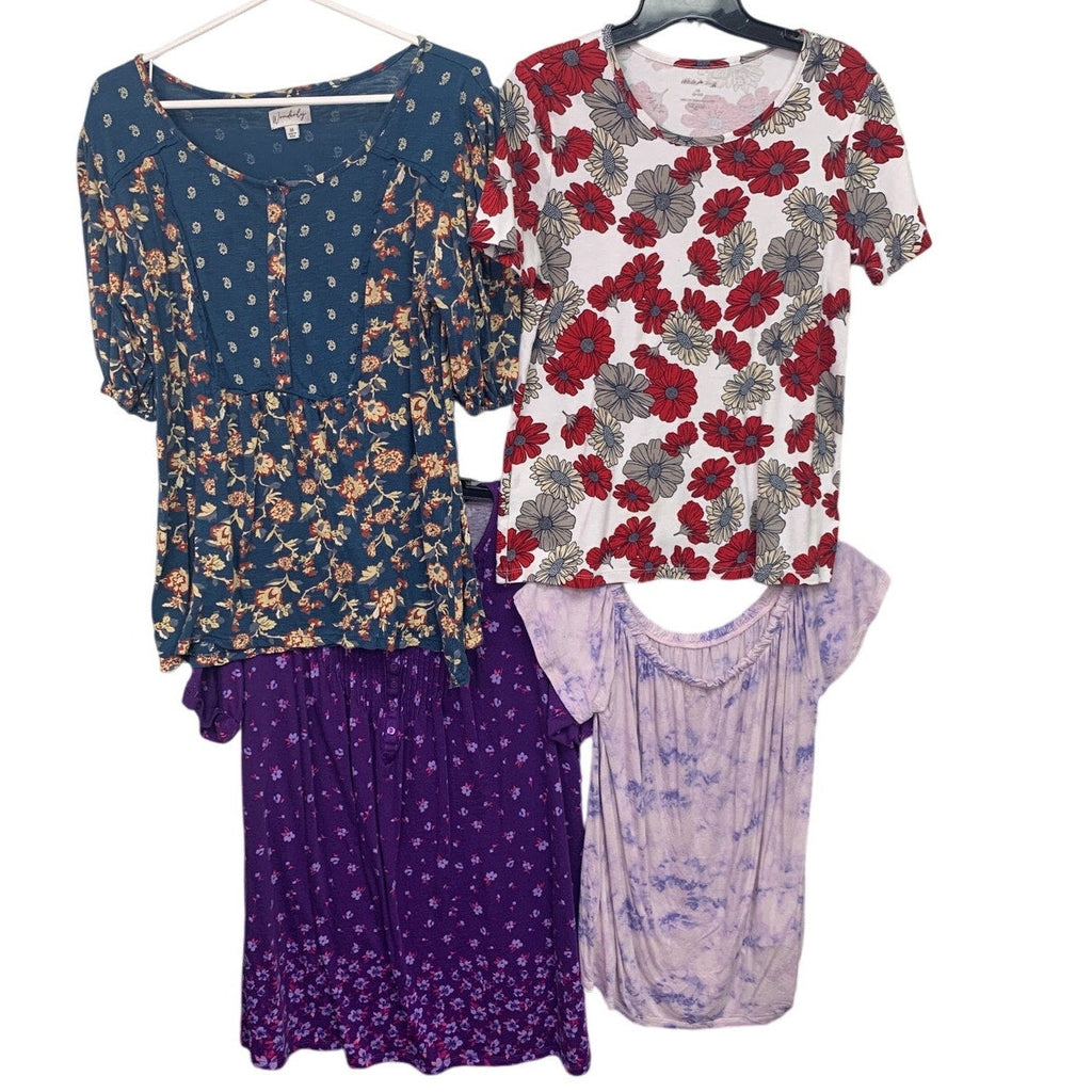 Lot of 4 Womens Medium Floral Paisley Boho Short Sleeve Summer Tops Shirts